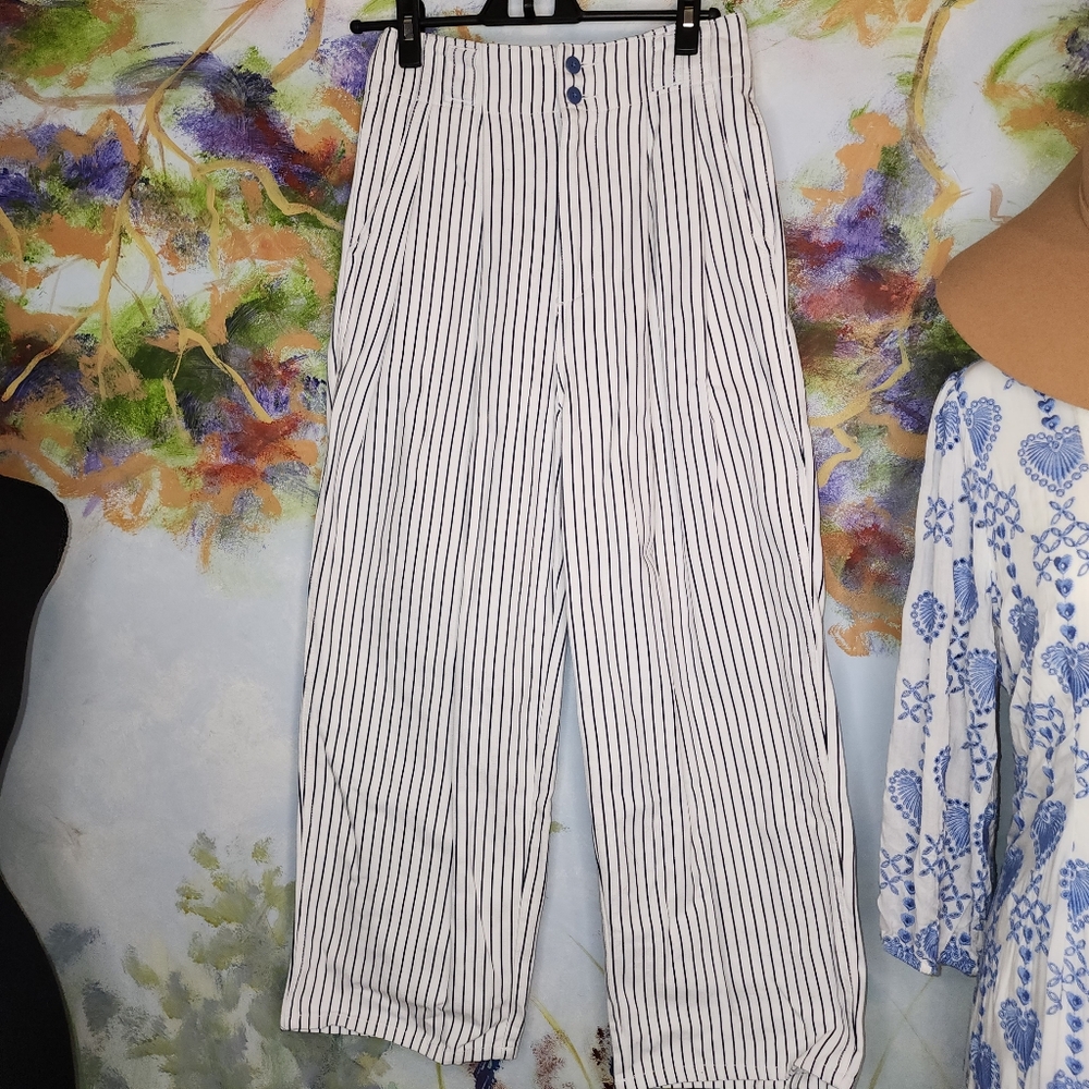 Urban Outfitters Blue Striped High Rise Pleat Front Pant